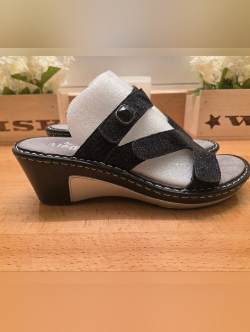 Alegria Loti Glitteroti Black Glitter Wedge Sandals Women's Size 38